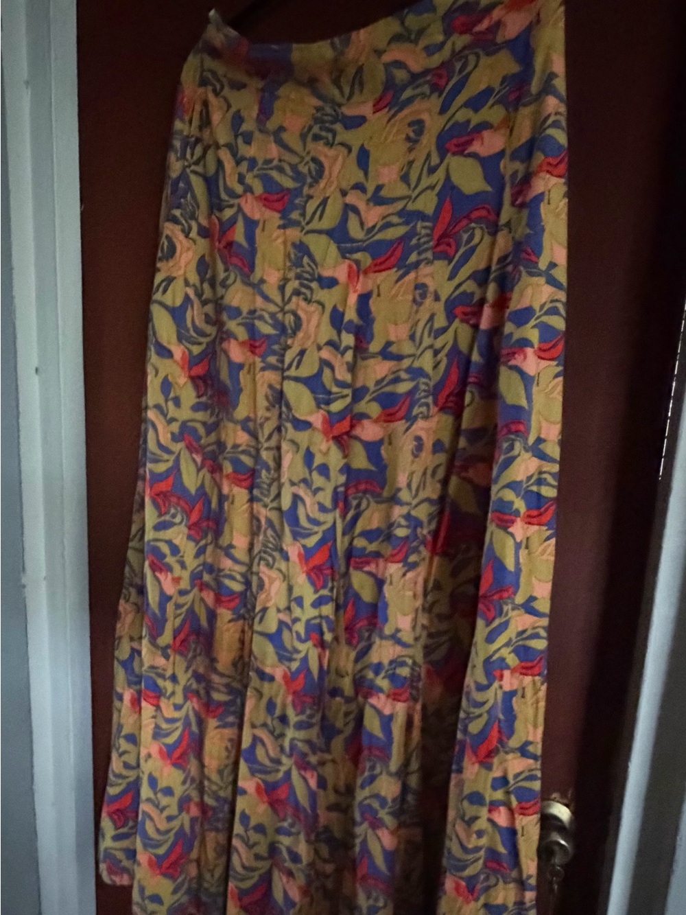 Floral Print Yellow Maxi Skirt with Blue & Red Accents